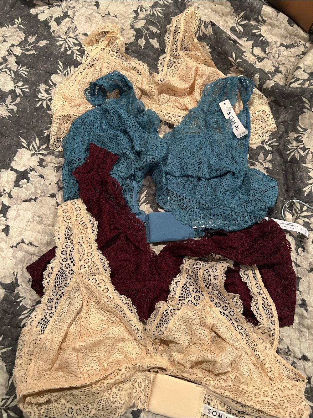 Soma Lace Bralette Set in Teal, Burgundy & Beige